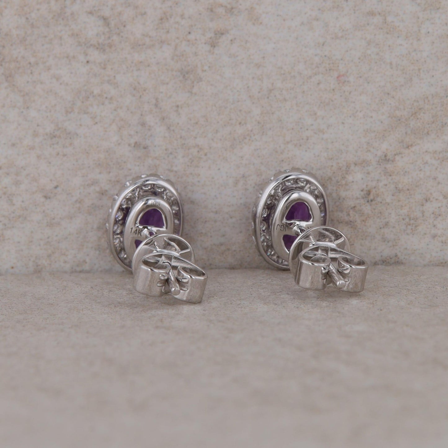 14k White Gold Oval Diamond Halo and Amethyst Stud Earrings