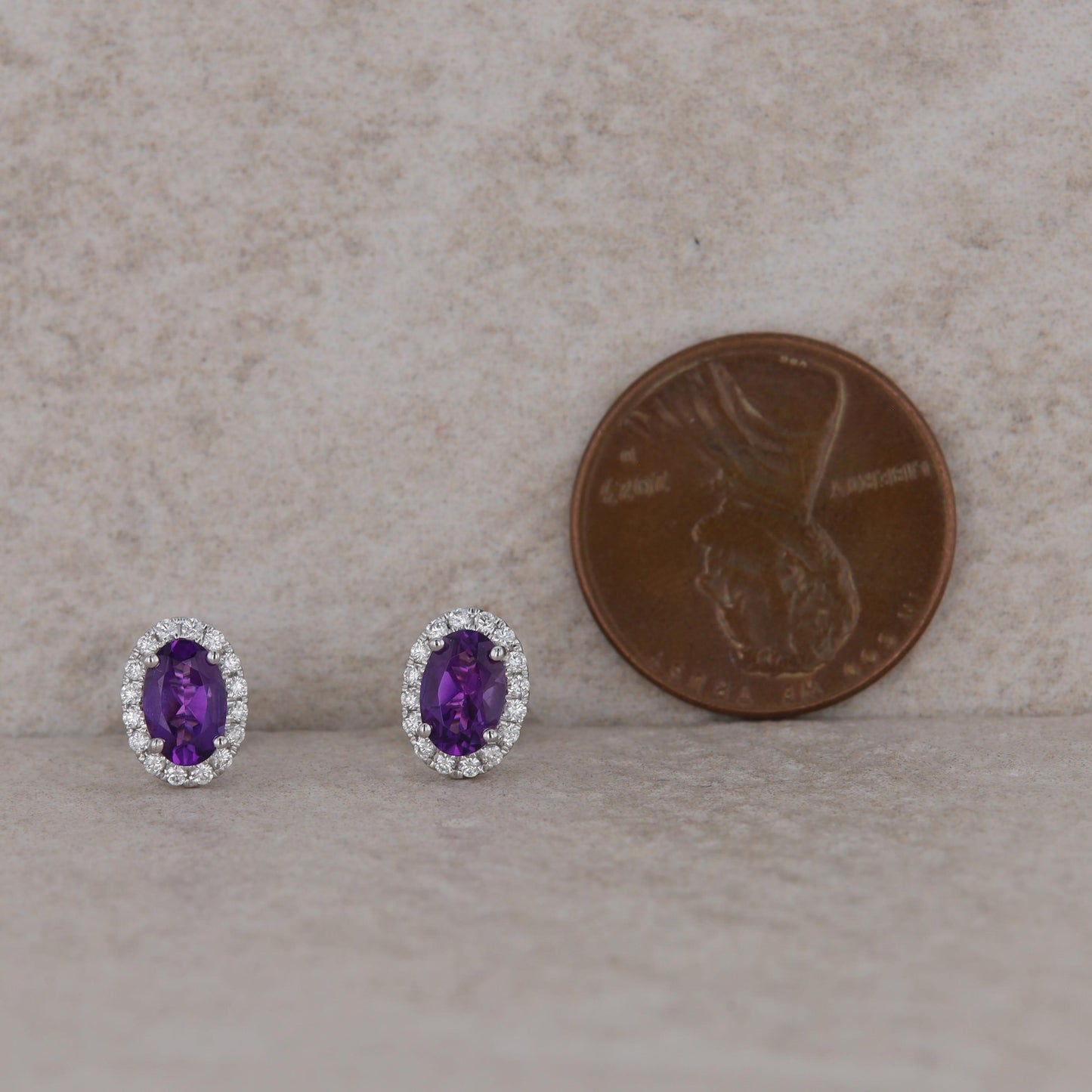 14k White Gold Oval Diamond Halo and Amethyst Stud Earrings