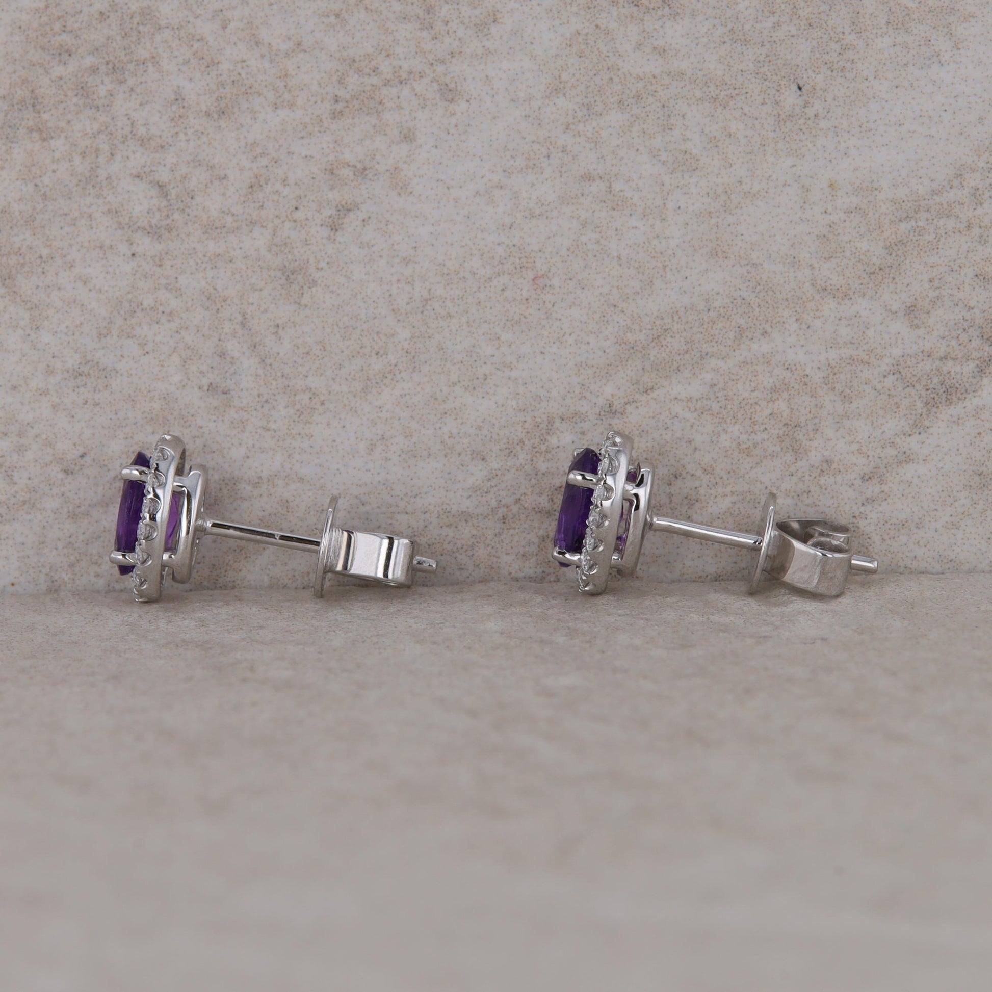 14k White Gold Oval Diamond Halo and Amethyst Stud Earrings