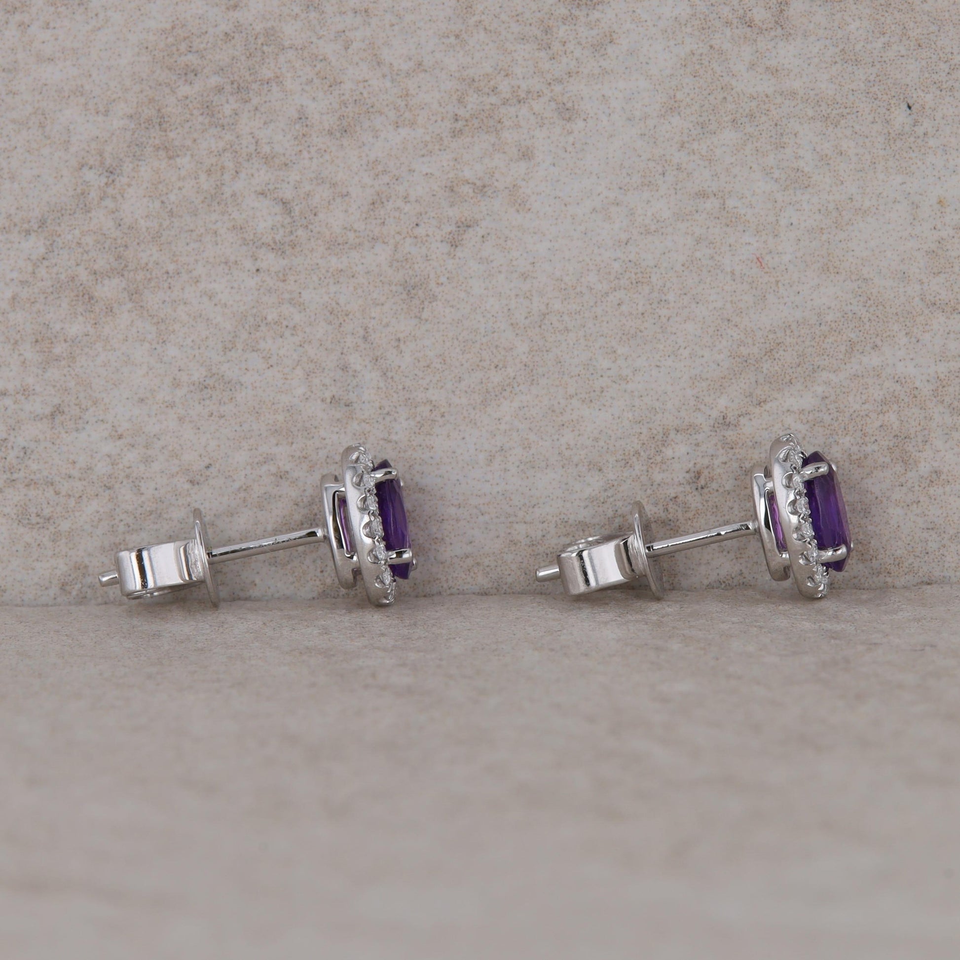 14k White Gold Oval Diamond Halo and Amethyst Stud Earrings