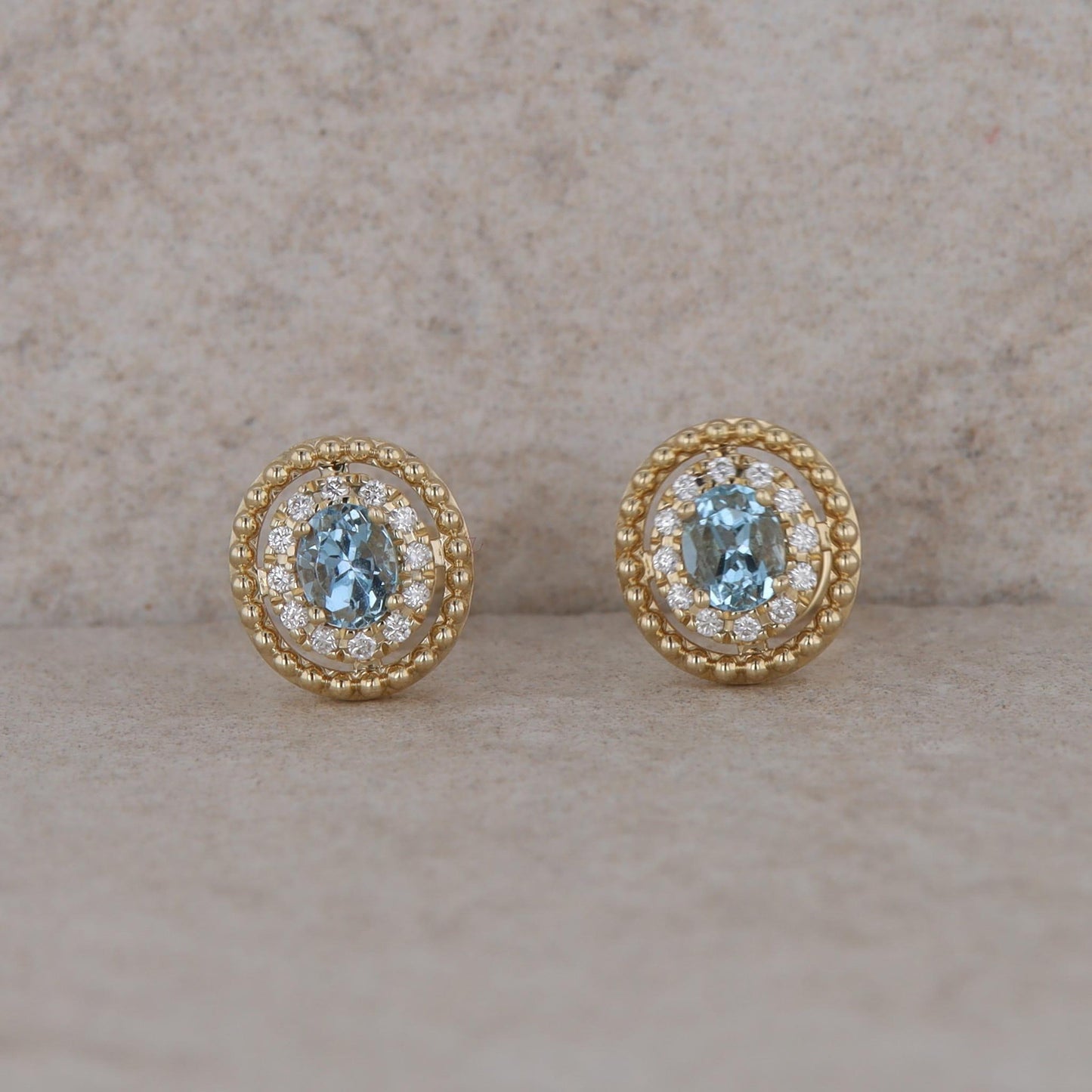 14k Yellow Gold Oval Diamond Halo with Aquamarine Stud Earrings