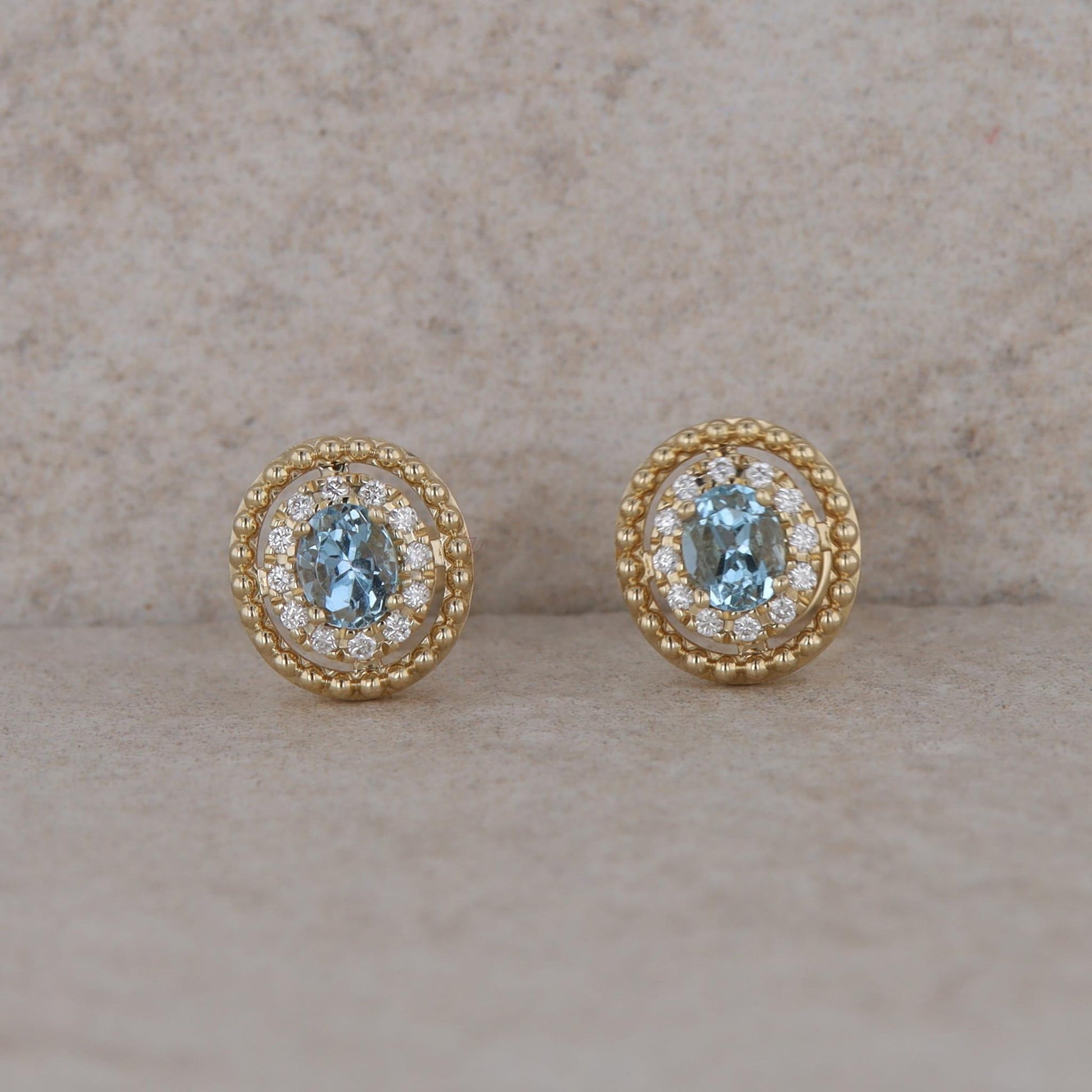 14k Yellow Gold Oval Diamond Halo with Aquamarine Stud Earrings