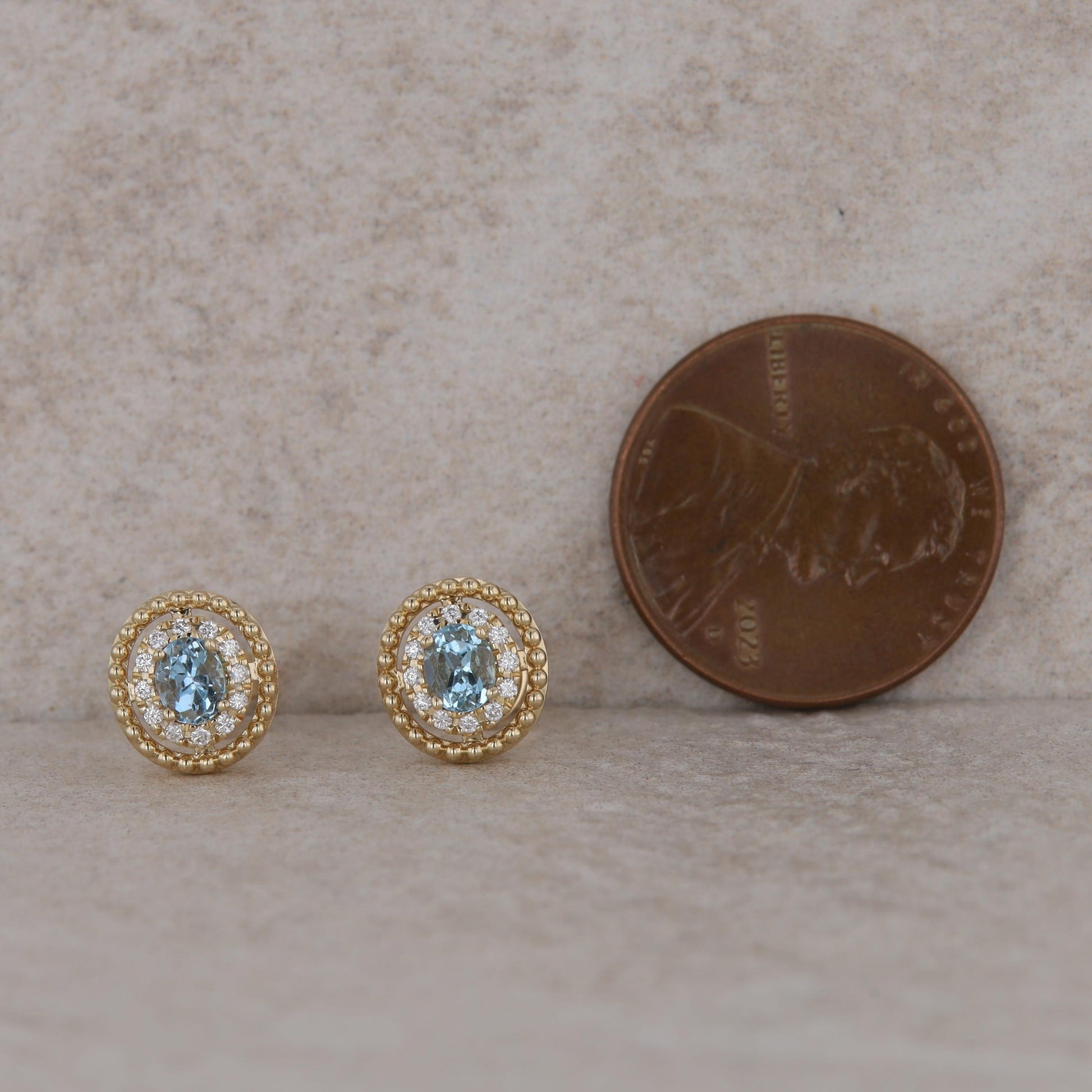 14k Yellow Gold Oval Diamond Halo with Aquamarine Stud Earrings