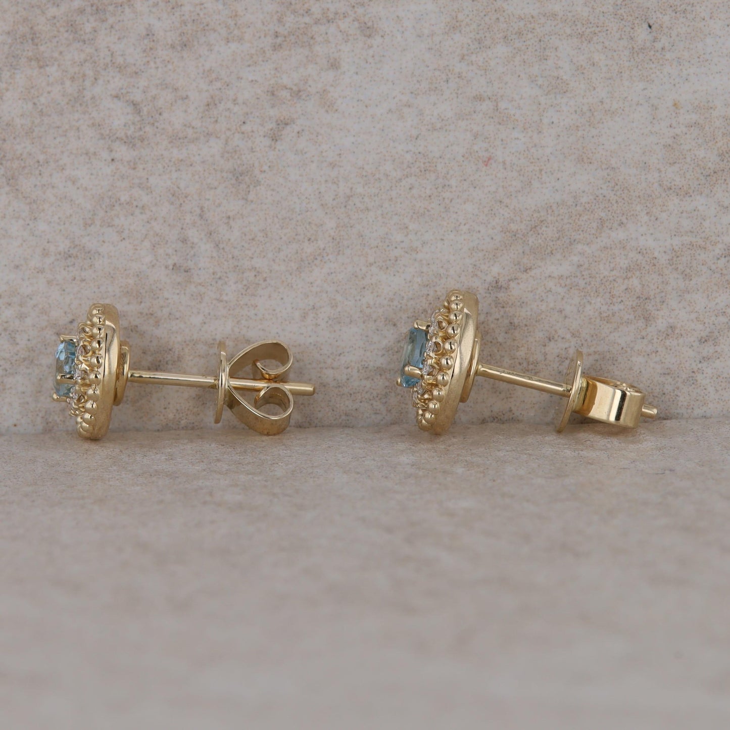 14k Yellow Gold Oval Diamond Halo with Aquamarine Stud Earrings