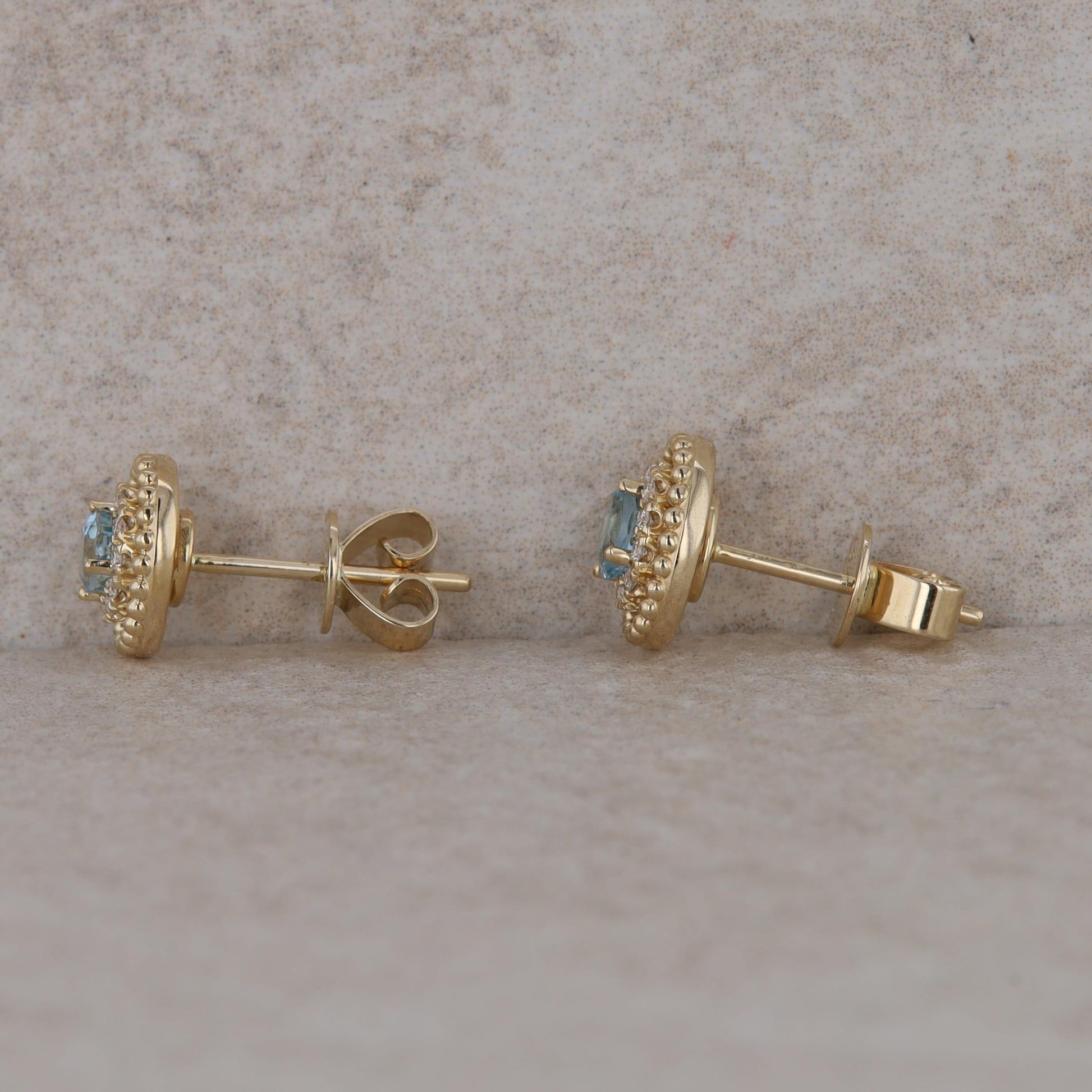 14k Yellow Gold Oval Diamond Halo with Aquamarine Stud Earrings