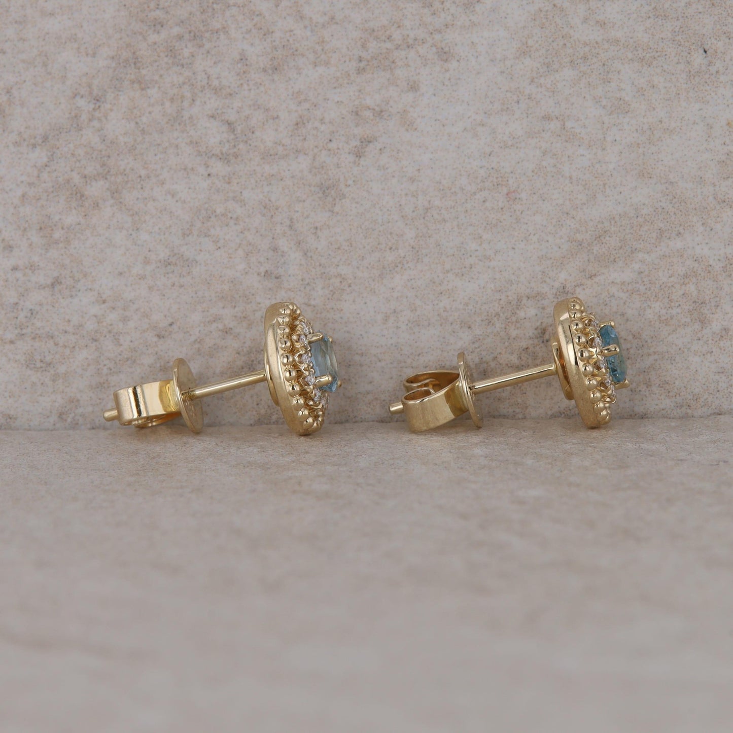 14k Yellow Gold Oval Diamond Halo with Aquamarine Stud Earrings