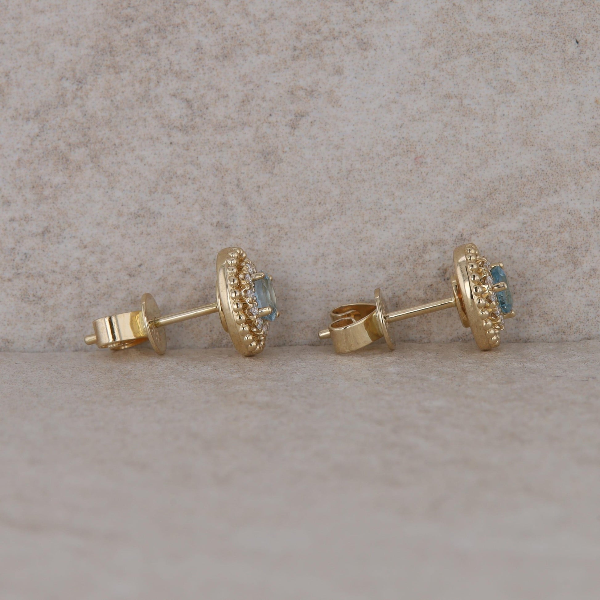 14k Yellow Gold Oval Diamond Halo with Aquamarine Stud Earrings