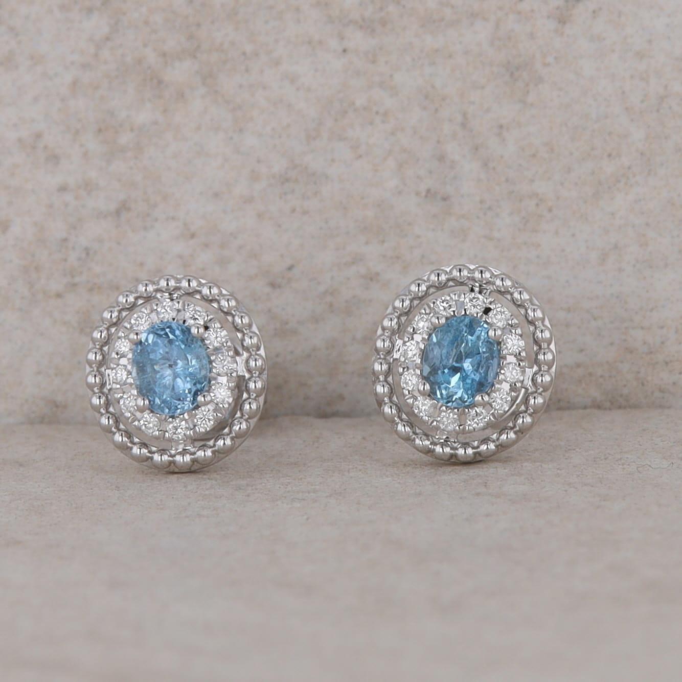 14k White Gold Oval Diamond Halo with Aquamarine Stud Earrings