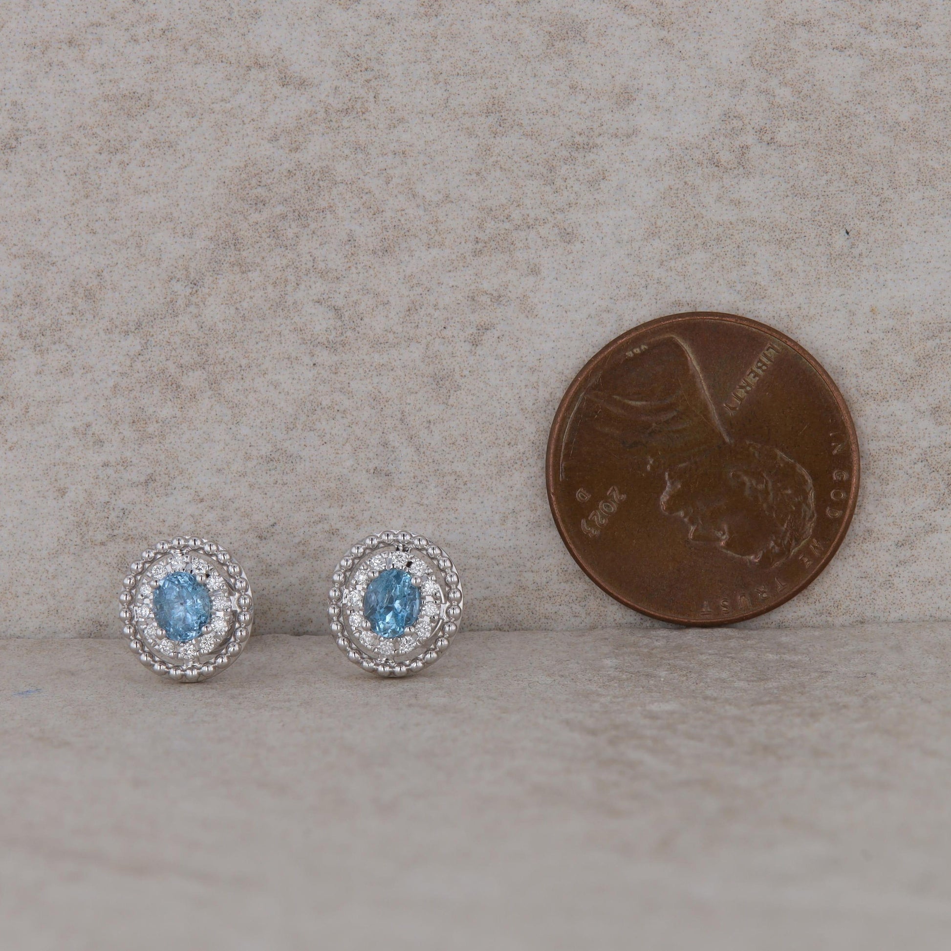 14k White Gold Oval Diamond Halo with Aquamarine Stud Earrings