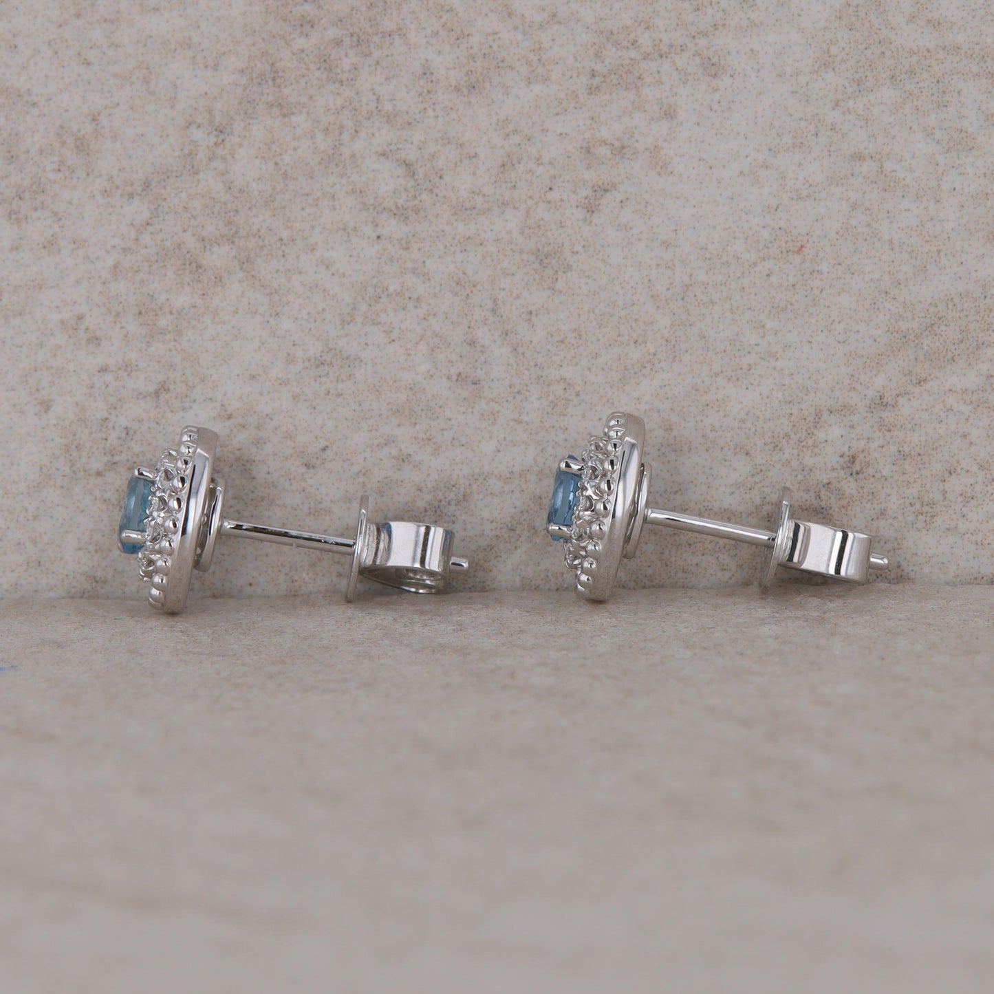 14k White Gold Oval Diamond Halo with Aquamarine Stud Earrings