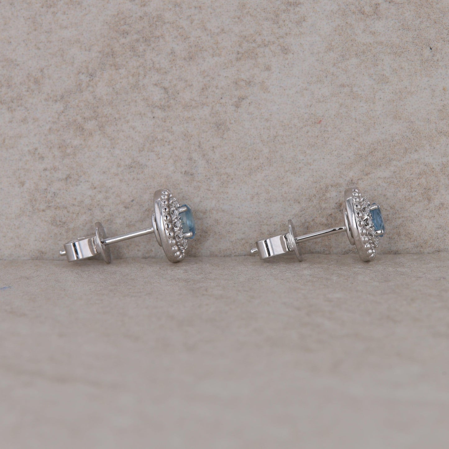 14k White Gold Oval Diamond Halo with Aquamarine Stud Earrings