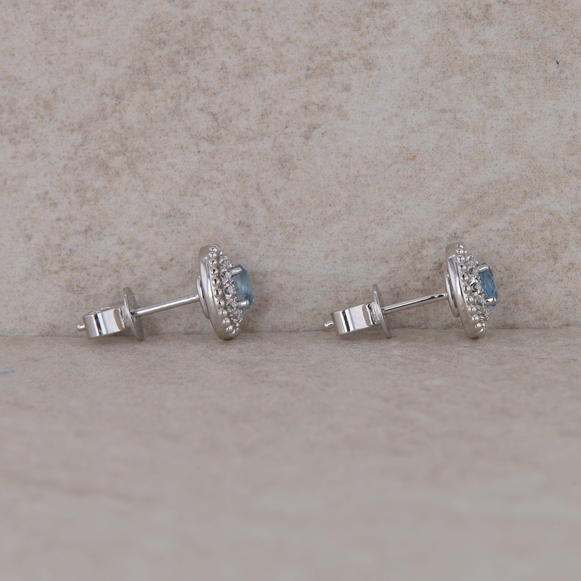 14k White Gold Oval Diamond Halo with Aquamarine Stud Earrings