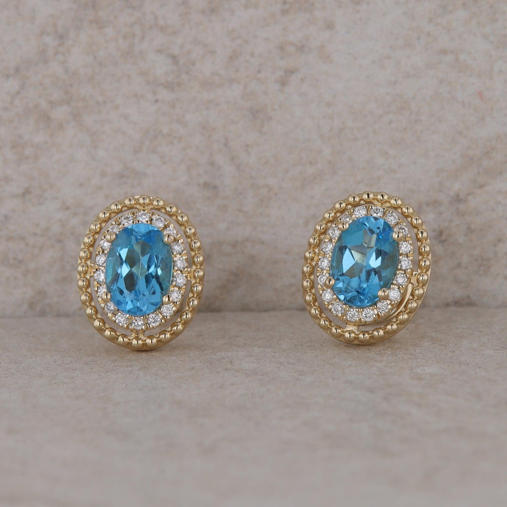 14k Yellow Gold Oval Diamond Halo and Blue Topaz Stud Earrings