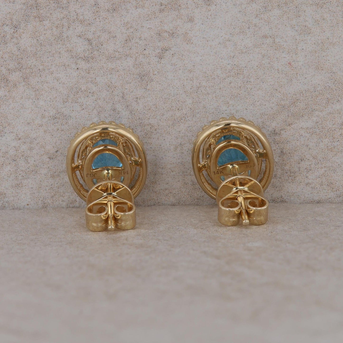 14k Yellow Gold Oval Diamond Halo and Blue Topaz Stud Earrings