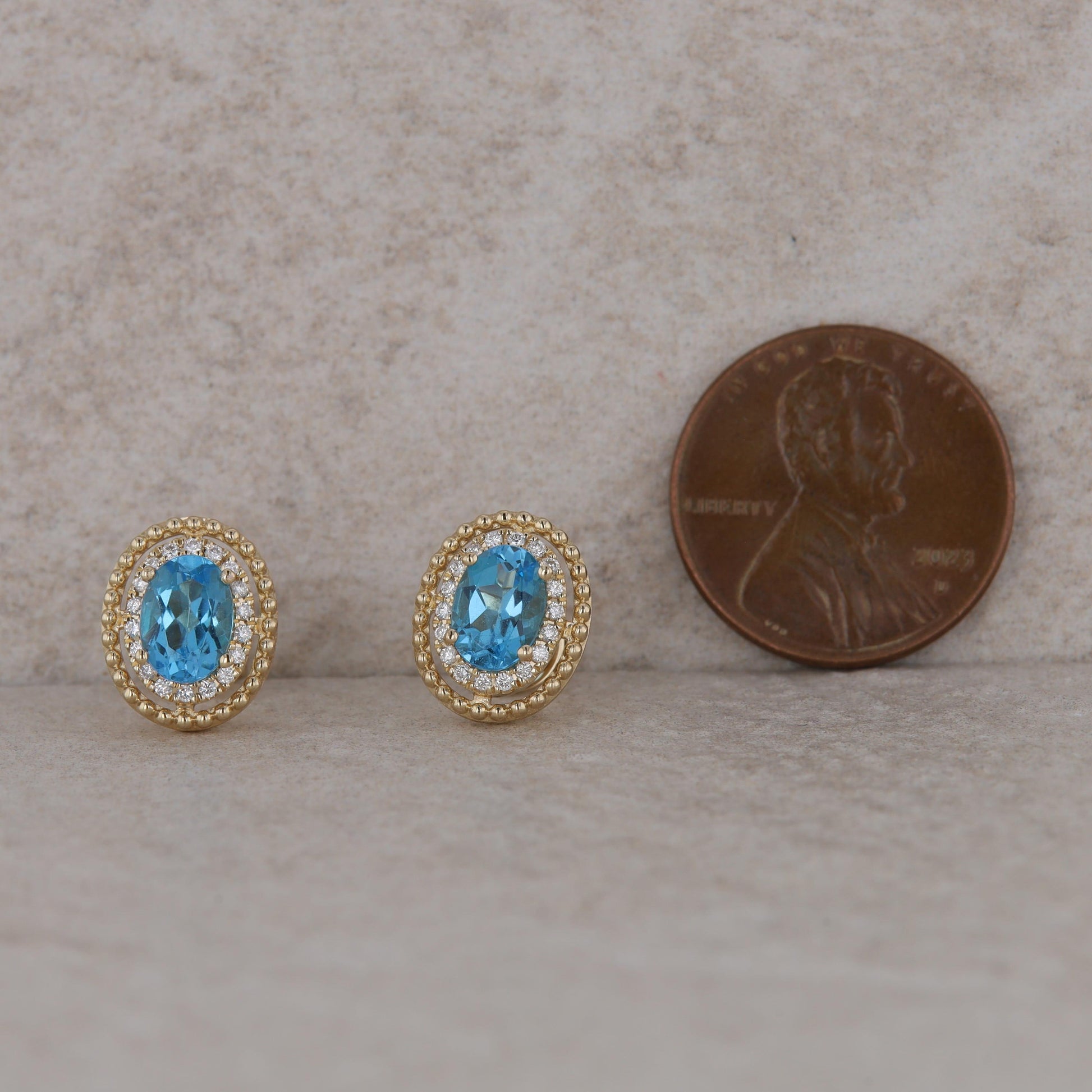 14k Yellow Gold Oval Diamond Halo and Blue Topaz Stud Earrings