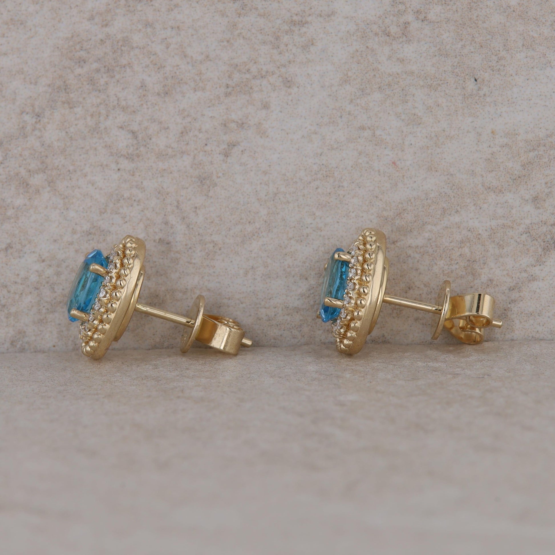 14k Yellow Gold Oval Diamond Halo and Blue Topaz Stud Earrings