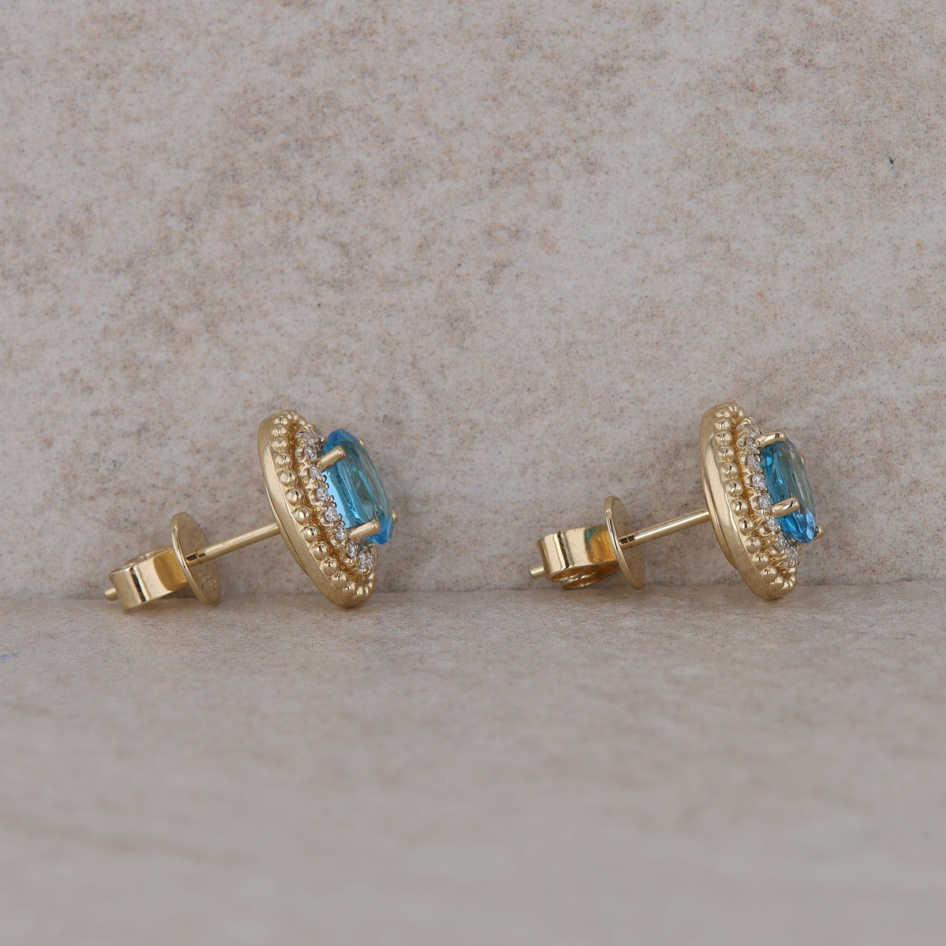 14k Yellow Gold Oval Diamond Halo and Blue Topaz Stud Earrings