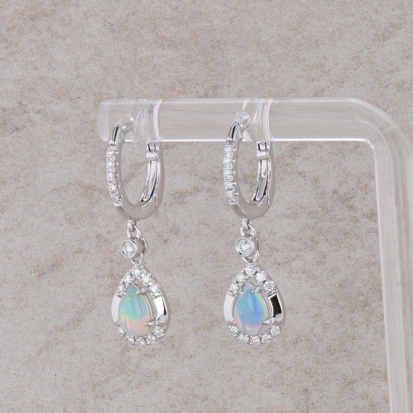 14k White Gold Diamond and Pear Shaped Opal Dangle Earrings