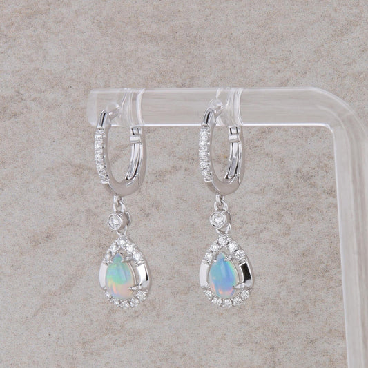 14k White Gold Diamond and Pear Shaped Opal Dangle Earrings