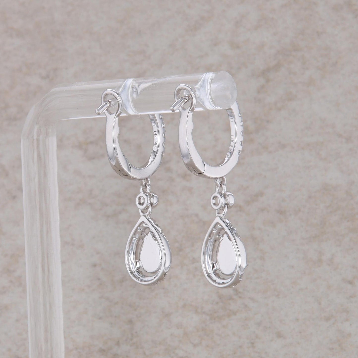 14k White Gold Diamond and Pear Shaped Opal Dangle Earrings