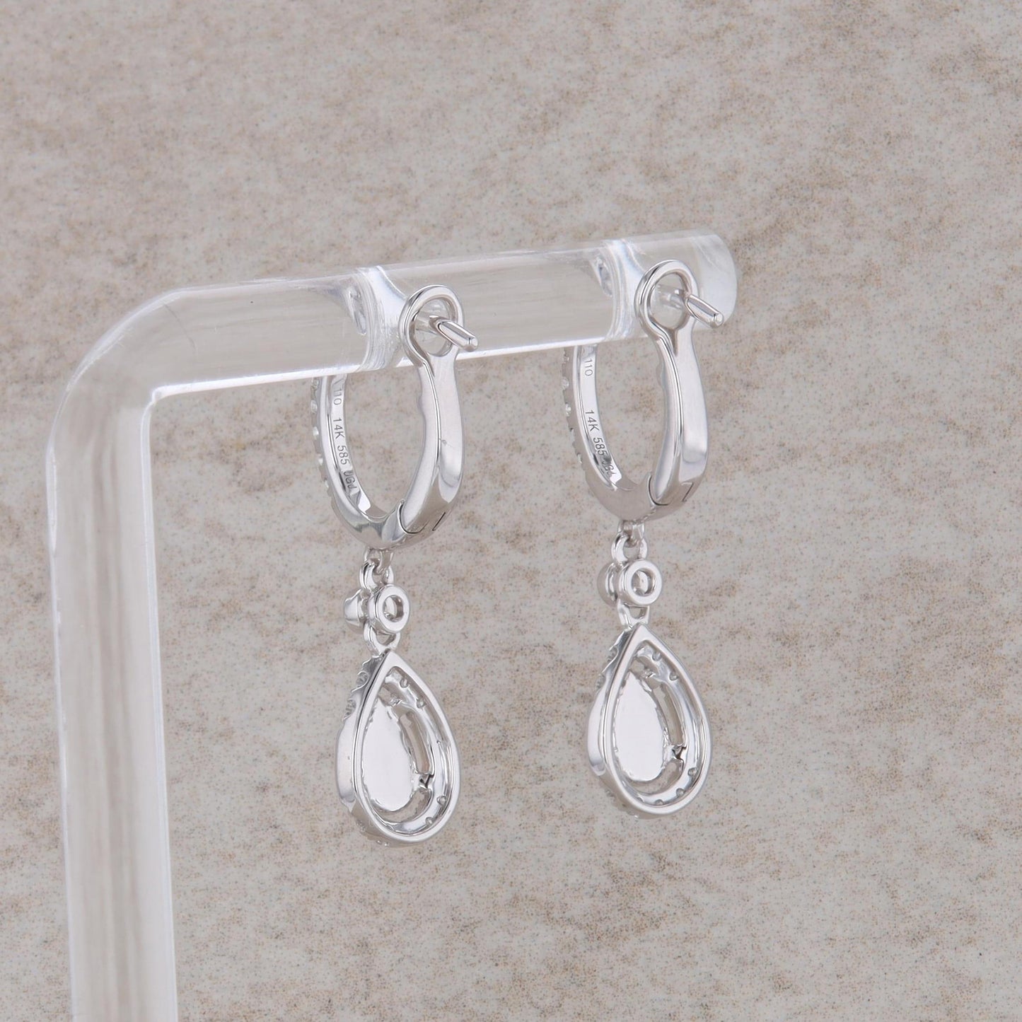 14k White Gold Diamond and Pear Shaped Opal Dangle Earrings