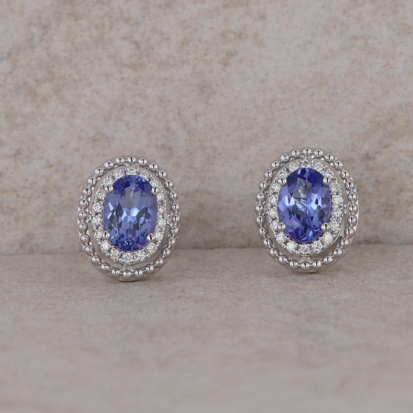 14k White Gold Diamond Oval Halo and Tanzanite Stud Earrings