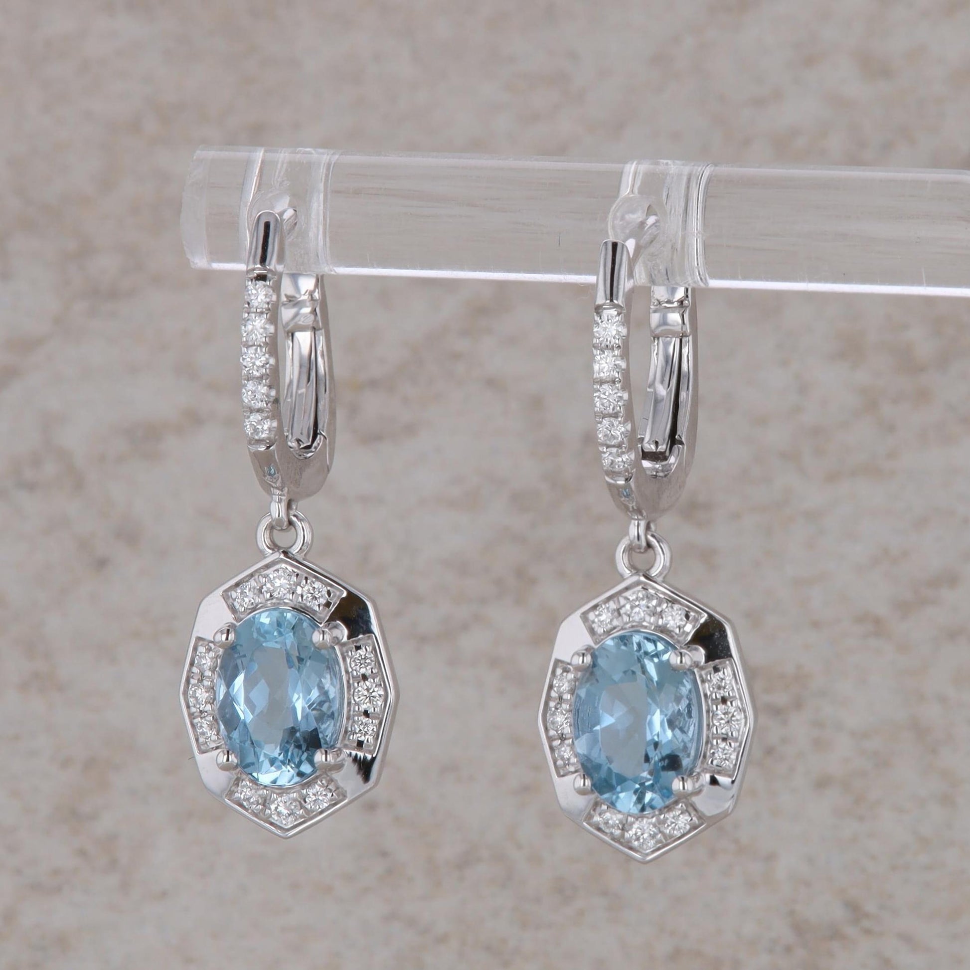 14k White Gold Aquamarine Oval and Diamond Dangle Earrings