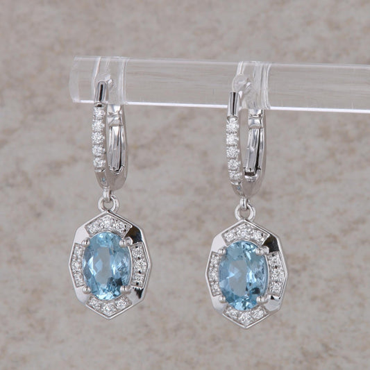 14k White Gold Aquamarine Oval and Diamond Dangle Earrings