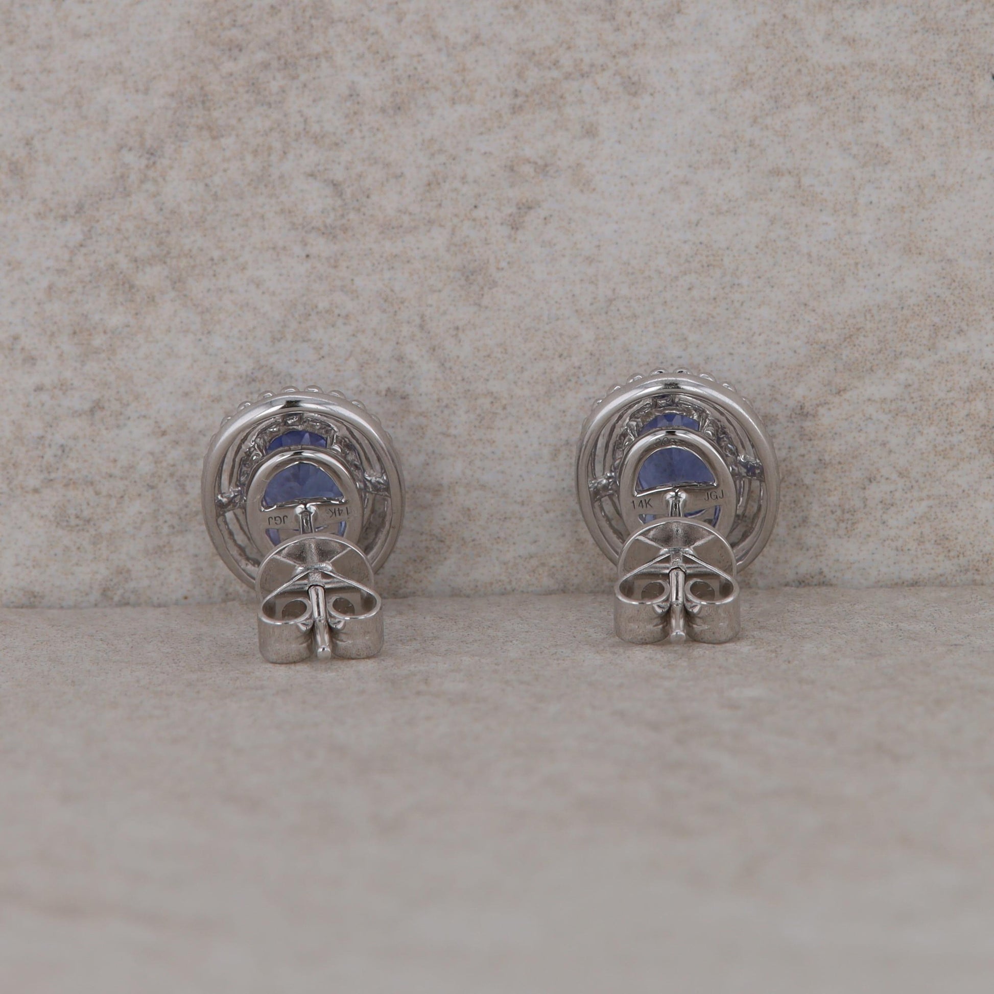 14k White Gold Diamond Oval Halo and Tanzanite Stud Earrings