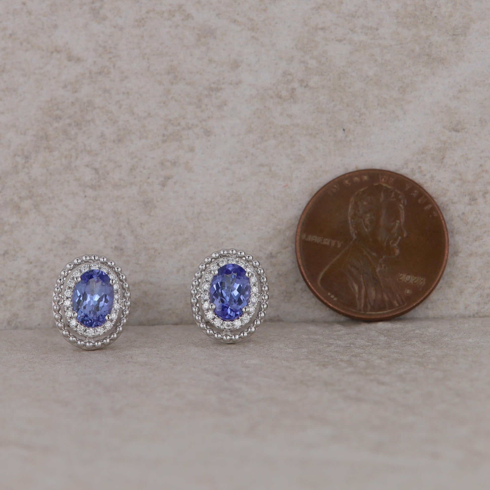 14k White Gold Diamond Oval Halo and Tanzanite Stud Earrings