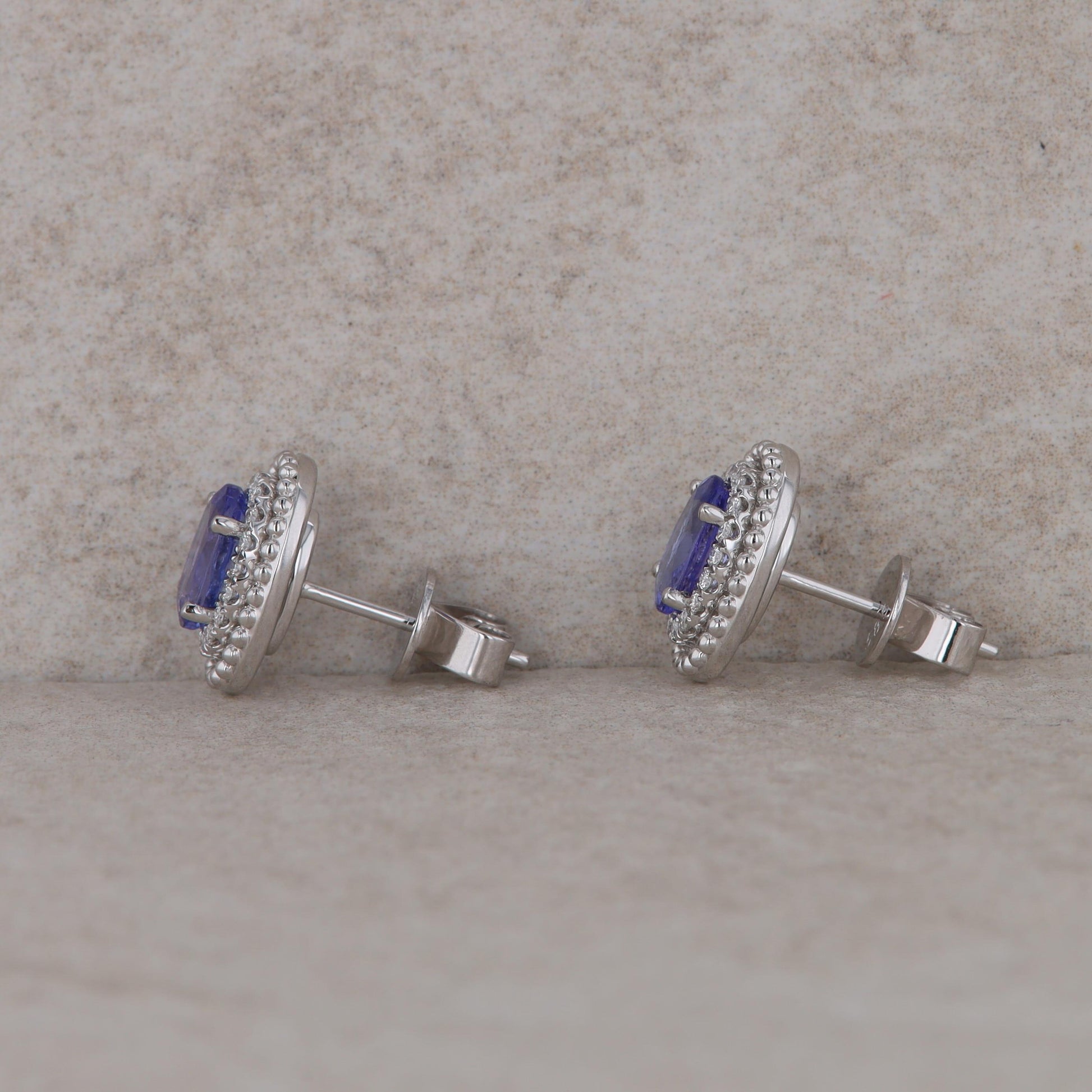 14k White Gold Diamond Oval Halo and Tanzanite Stud Earrings