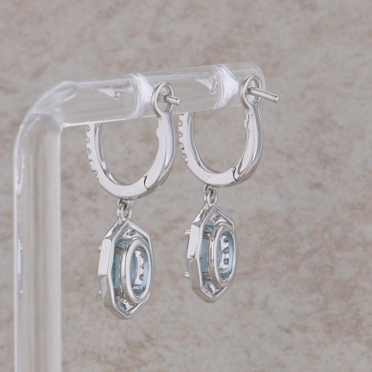 14k White Gold Aquamarine Oval and Diamond Dangle Earrings