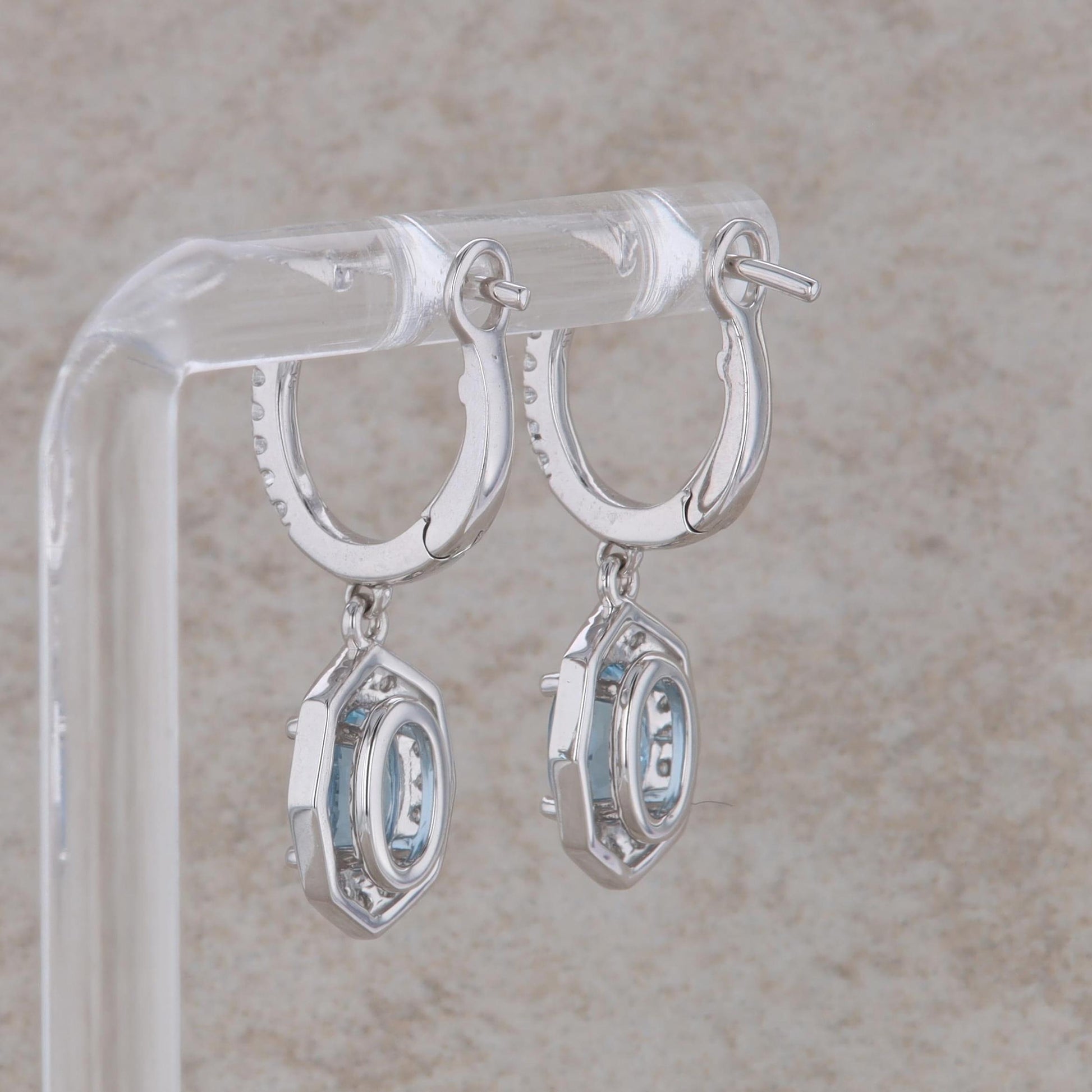 14k White Gold Aquamarine Oval and Diamond Dangle Earrings