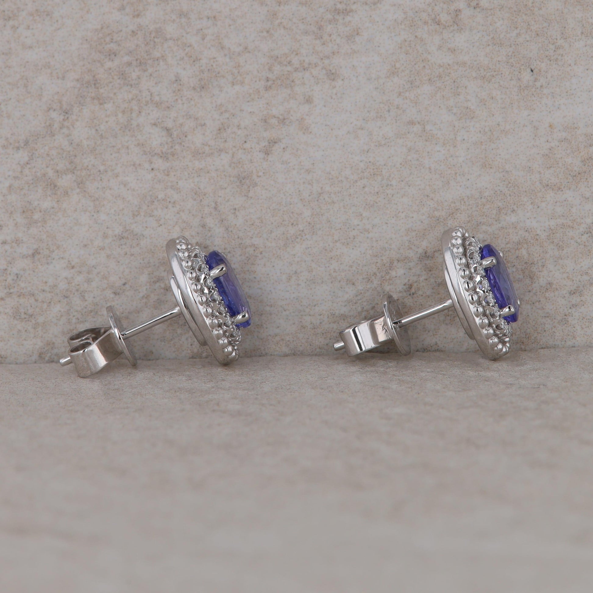 14k White Gold Diamond Oval Halo and Tanzanite Stud Earrings