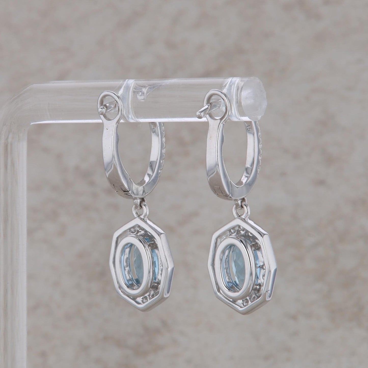 14k White Gold Aquamarine Oval and Diamond Dangle Earrings