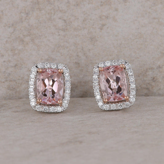 14k White Gold Diamond Halo and Cushion Morganite Earrings