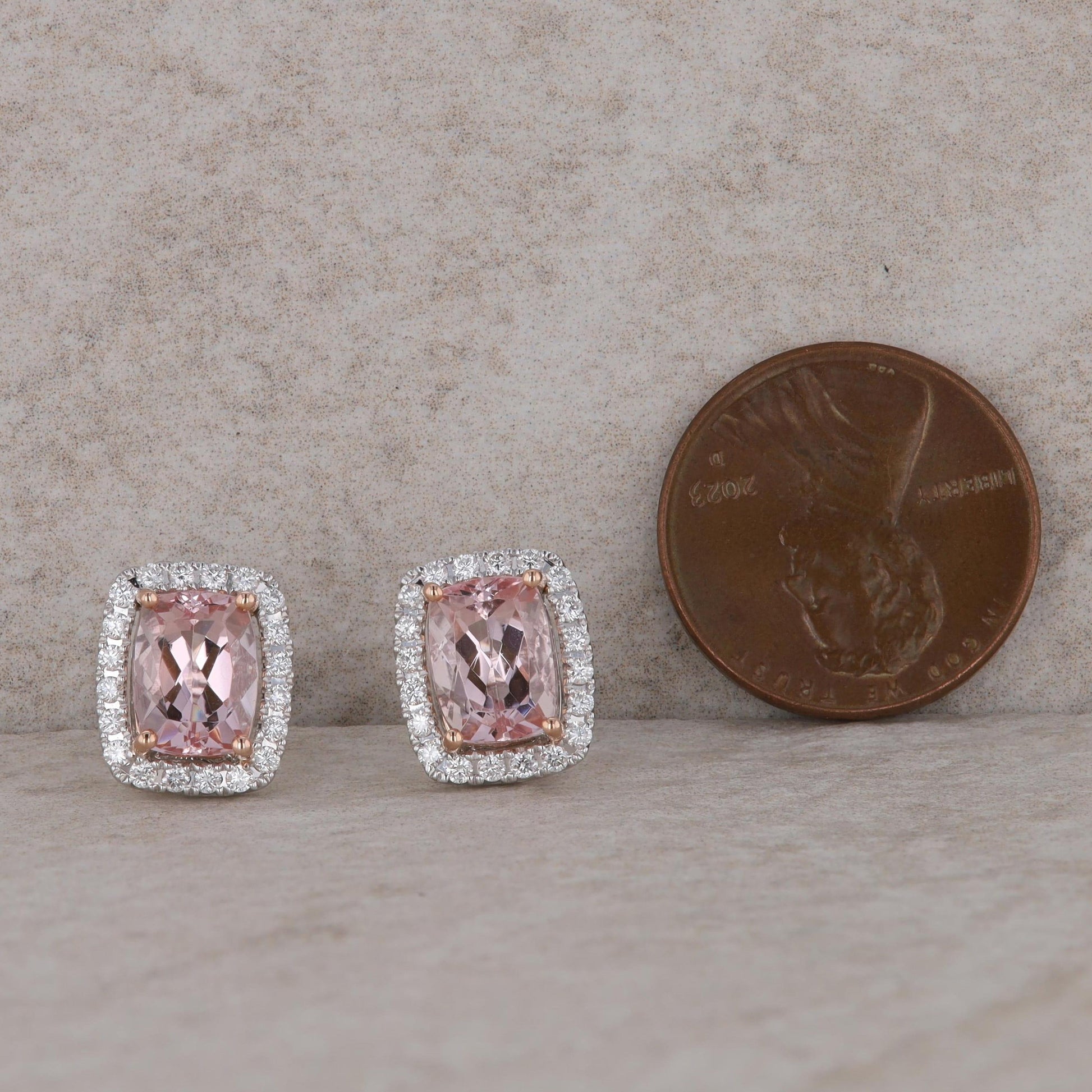 14k White Gold Diamond Halo and Cushion Morganite Earrings