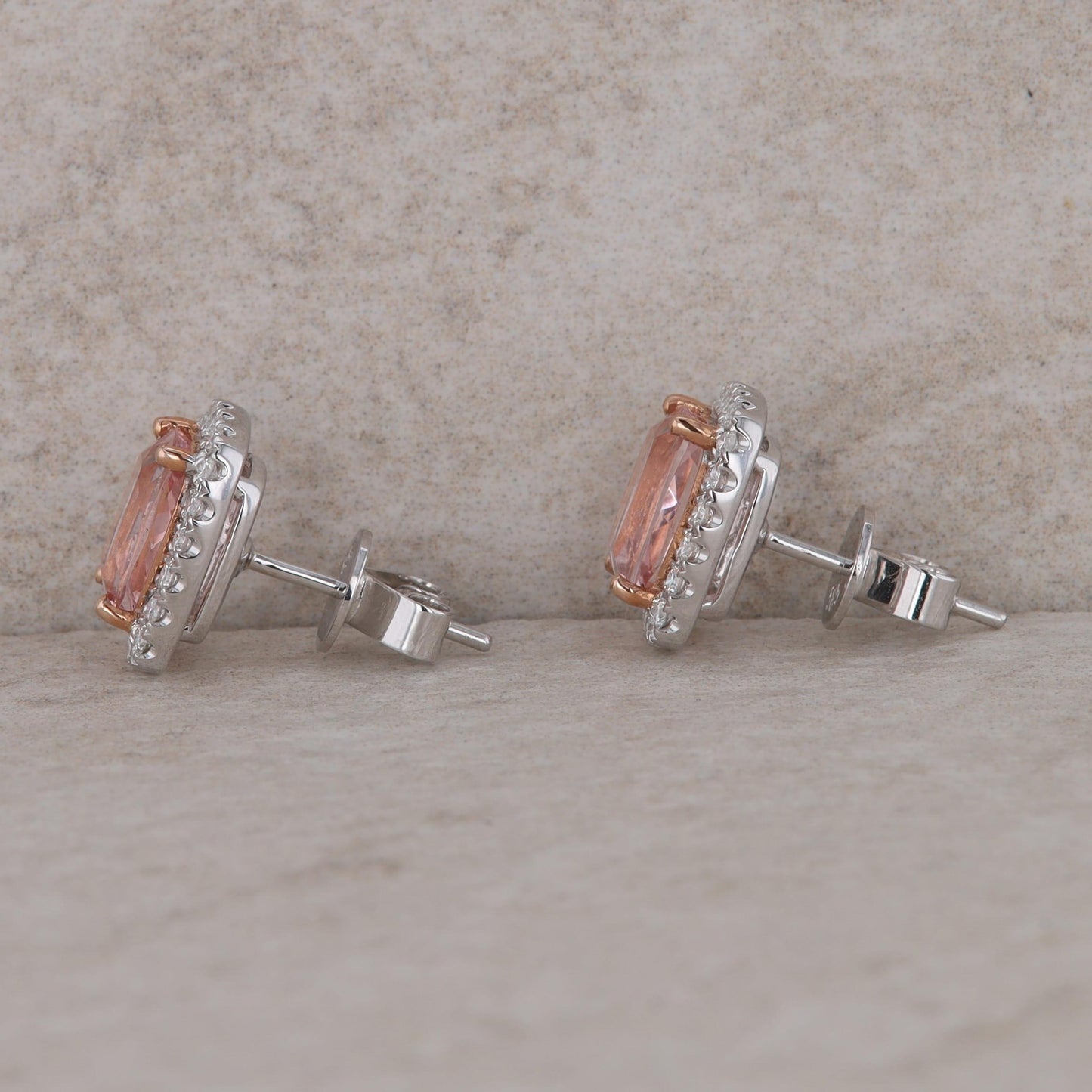 14k White Gold Diamond Halo and Cushion Morganite Earrings