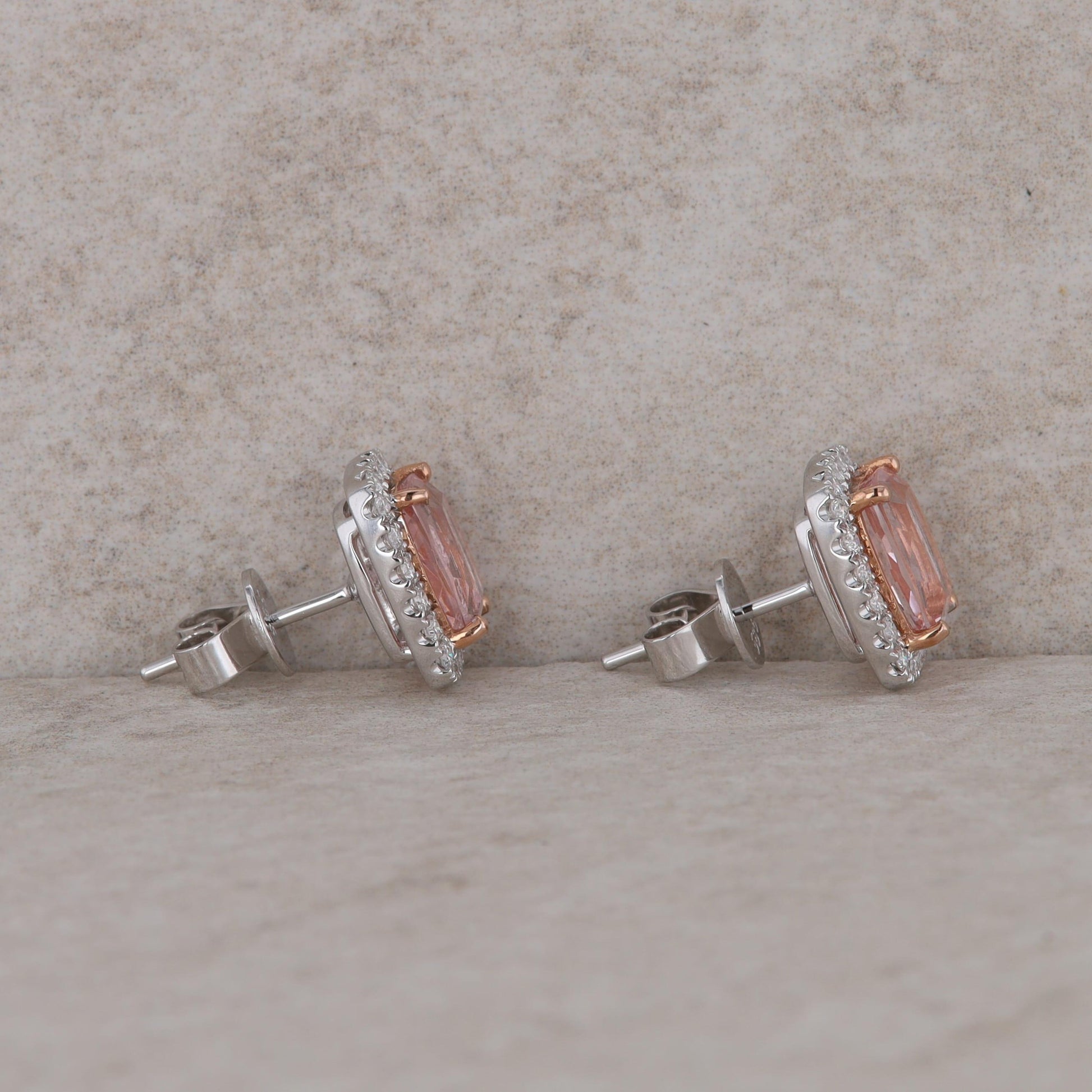 14k White Gold Diamond Halo and Cushion Morganite Earrings