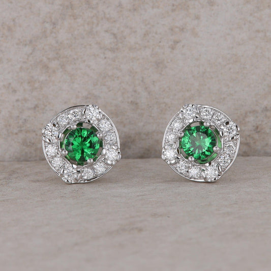 14k White Gold Diamond Halo and Tsavorite Garnet Stud Earrings