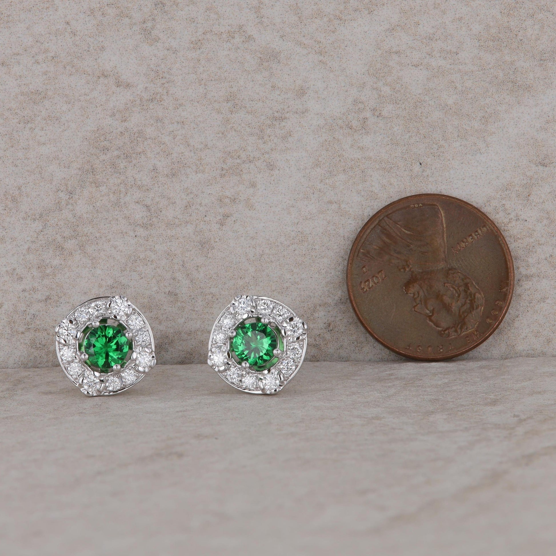 14k White Gold Diamond Halo and Tsavorite Garnet Stud Earrings