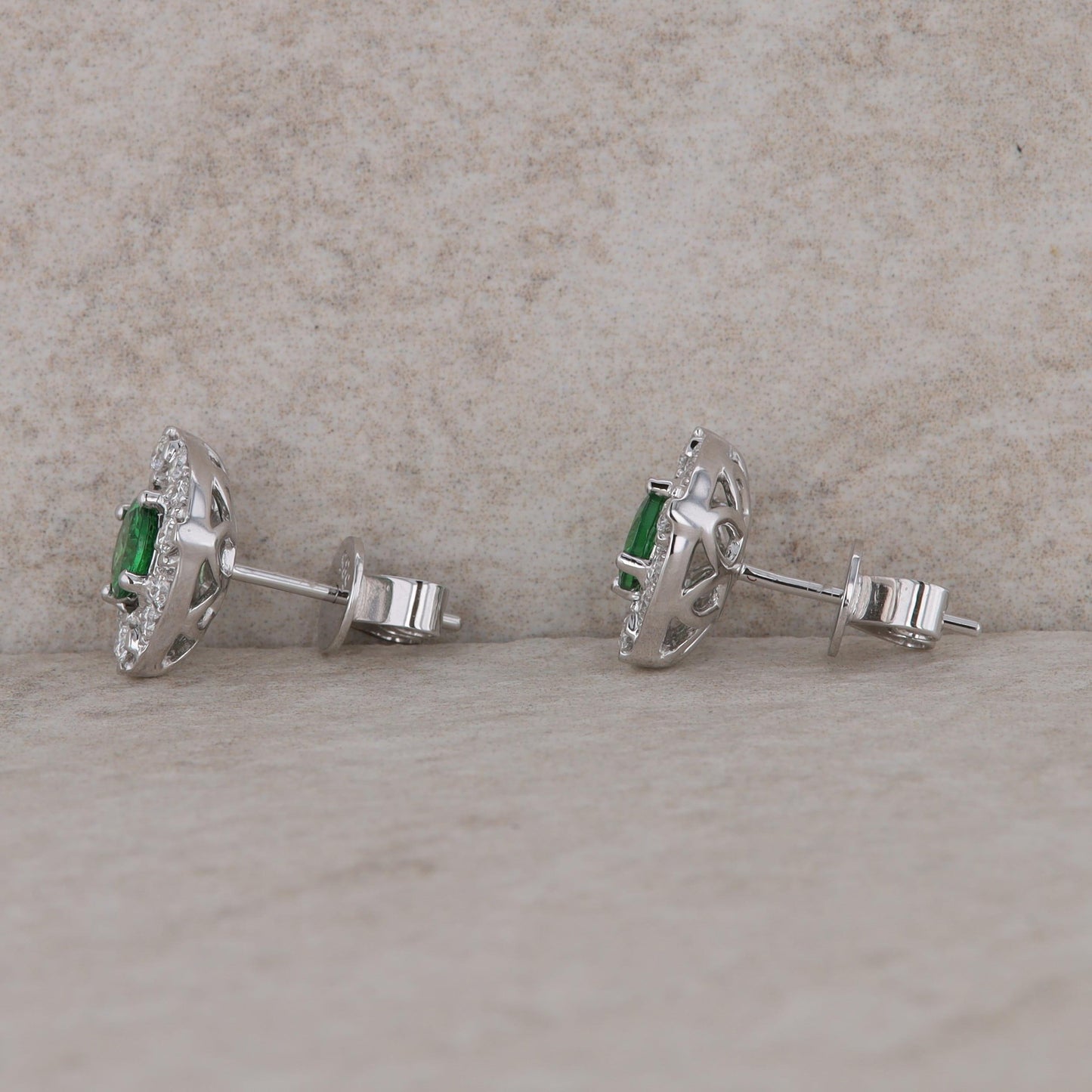 14k White Gold Diamond Halo and Tsavorite Garnet Stud Earrings