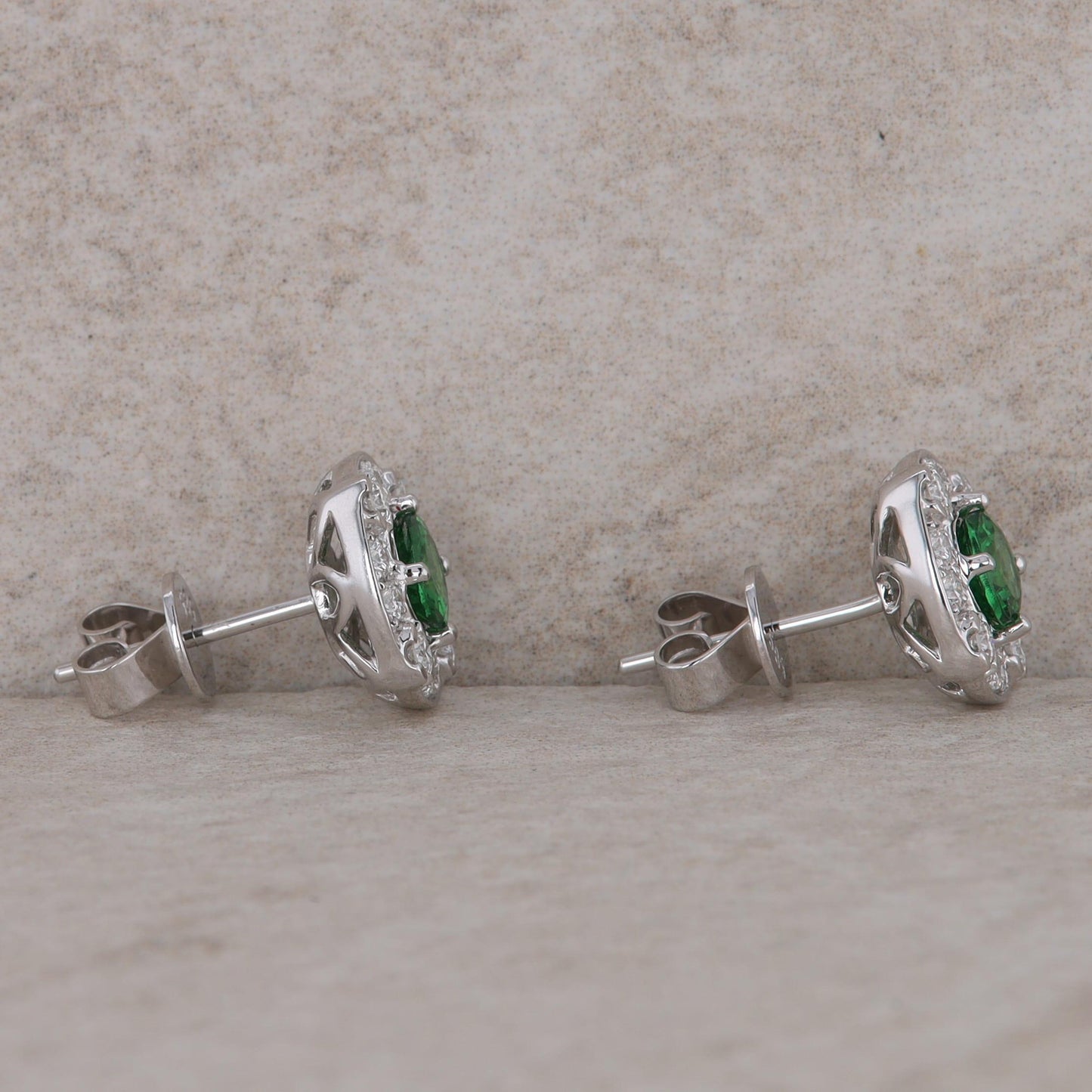 14k White Gold Diamond Halo and Tsavorite Garnet Stud Earrings