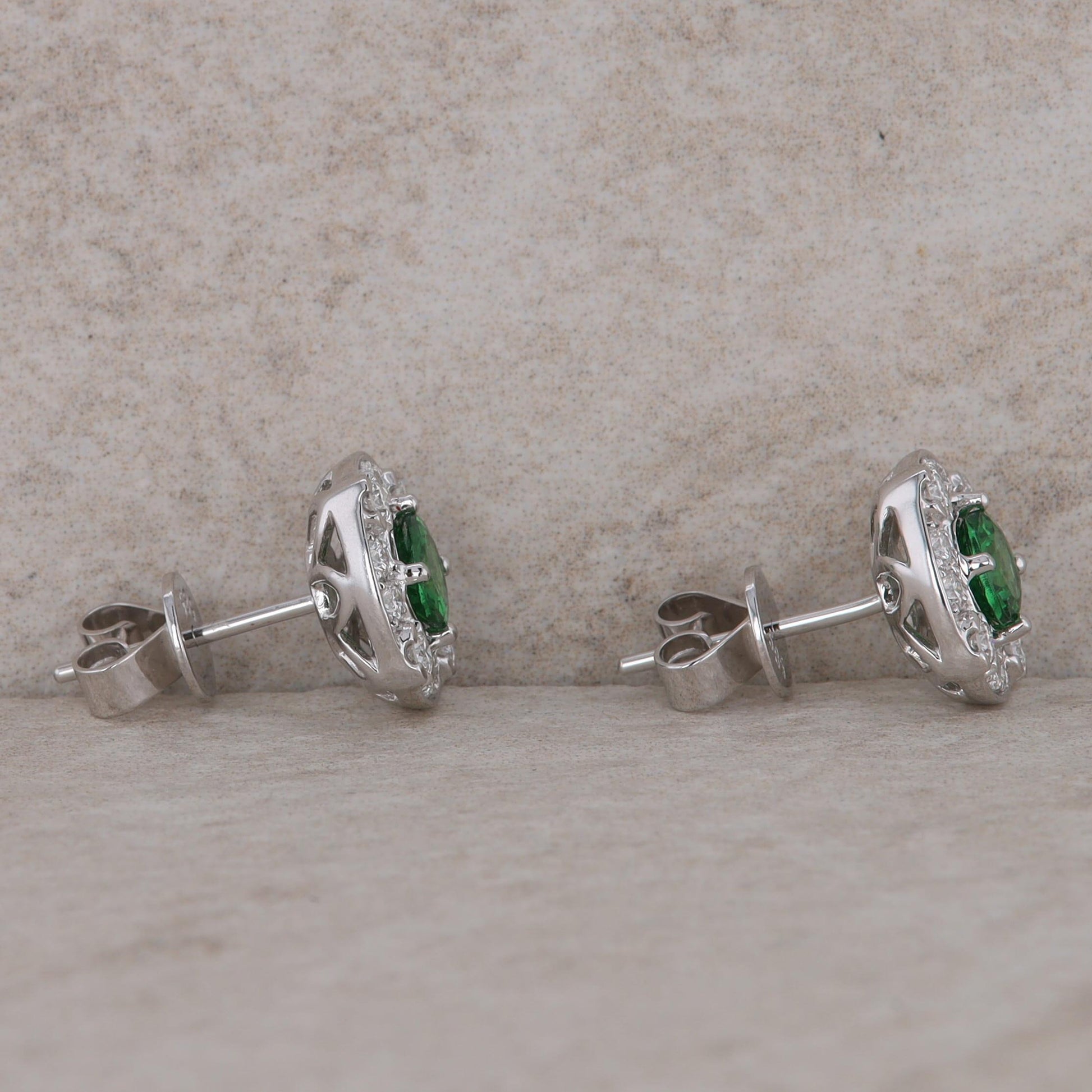 14k White Gold Diamond Halo and Tsavorite Garnet Stud Earrings