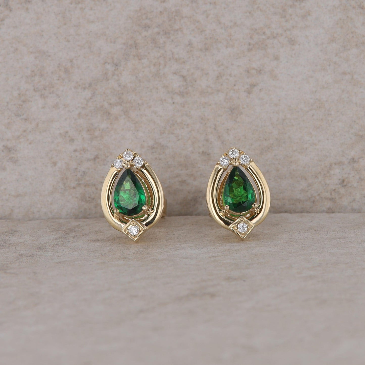 14k Yellow Gold Pear Tsavorite Garnet and Diamond Stud Earrings