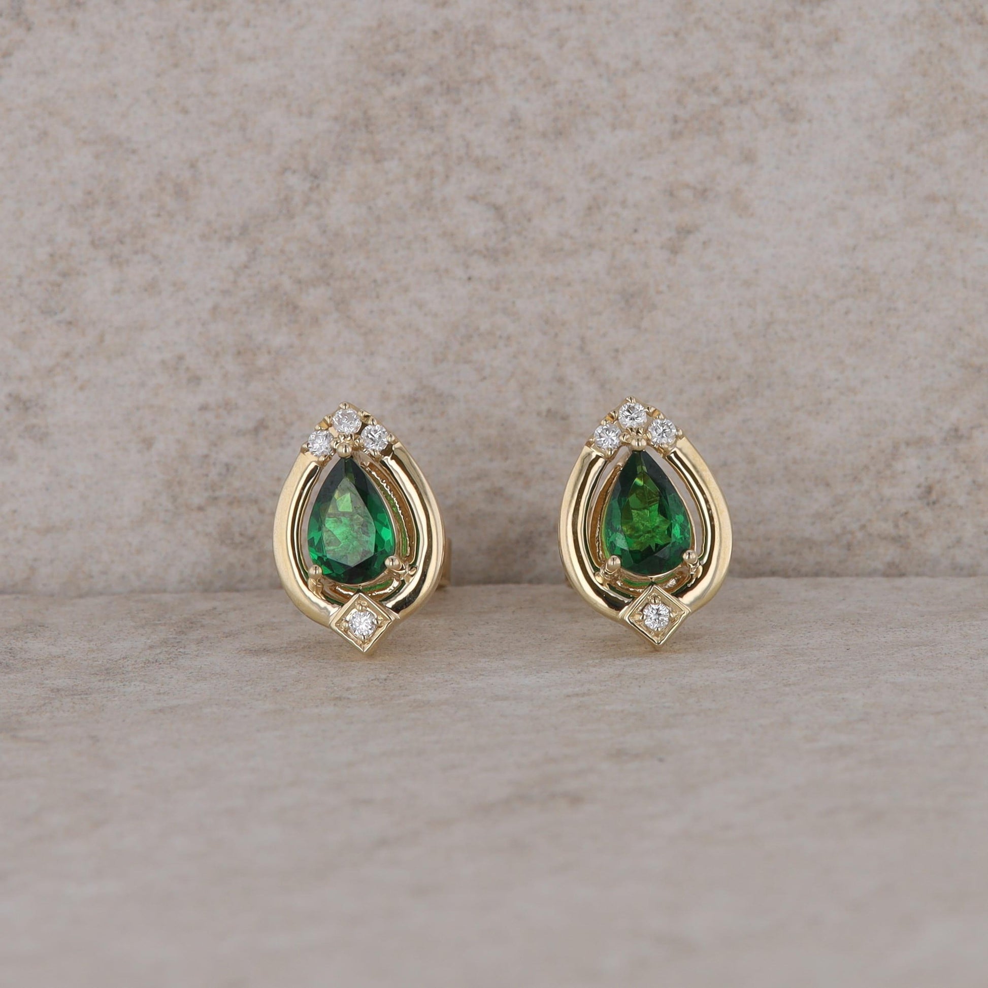 14k Yellow Gold Pear Tsavorite Garnet and Diamond Stud Earrings