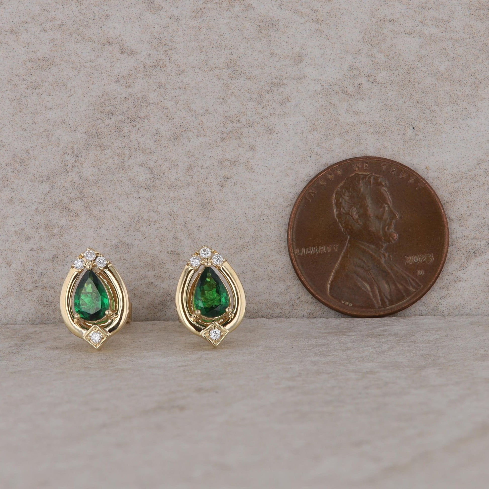 14k Yellow Gold Pear Tsavorite Garnet and Diamond Stud Earrings