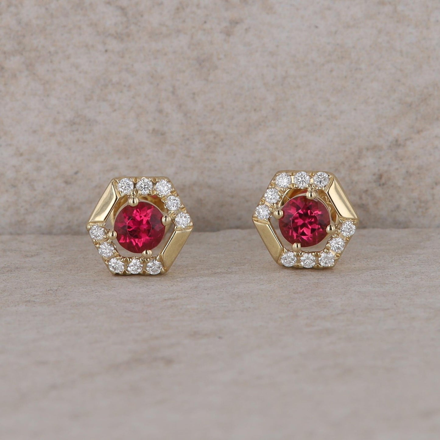 14k Yellow Gold Rubellite Tourmaline and Diamond Hexagon Stud Earrings