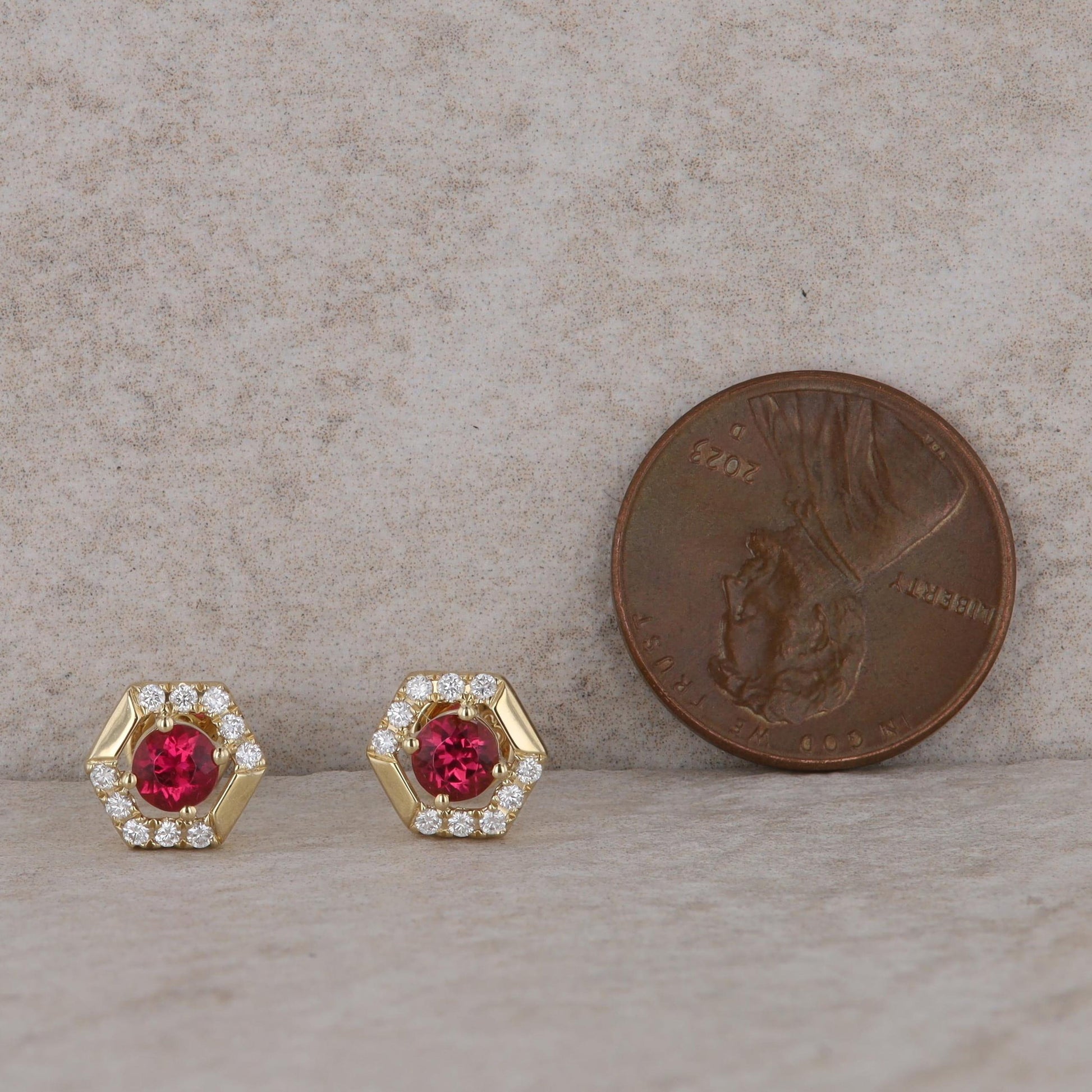 14k Yellow Gold Rubellite Tourmaline and Diamond Hexagon Stud Earrings