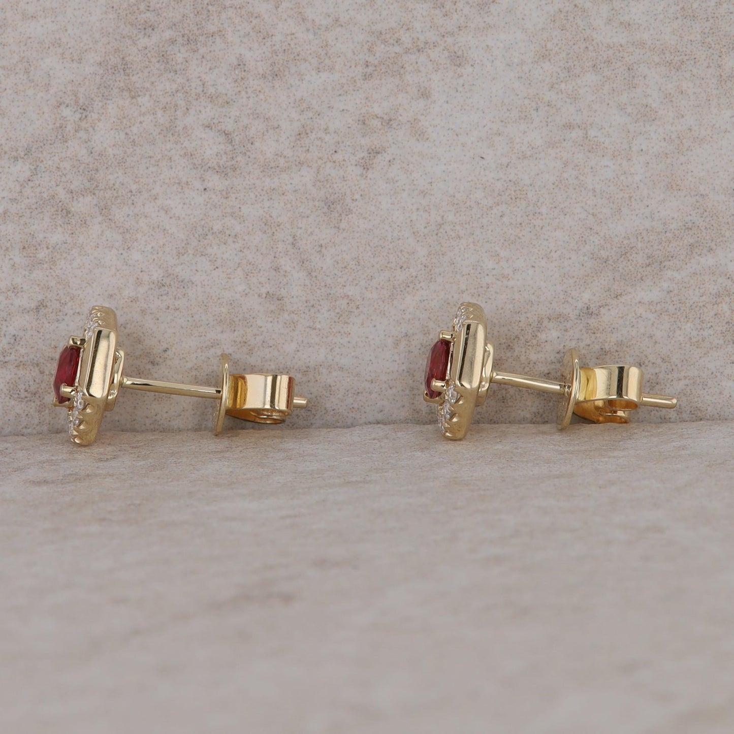 14k Yellow Gold Rubellite Tourmaline and Diamond Hexagon Stud Earrings